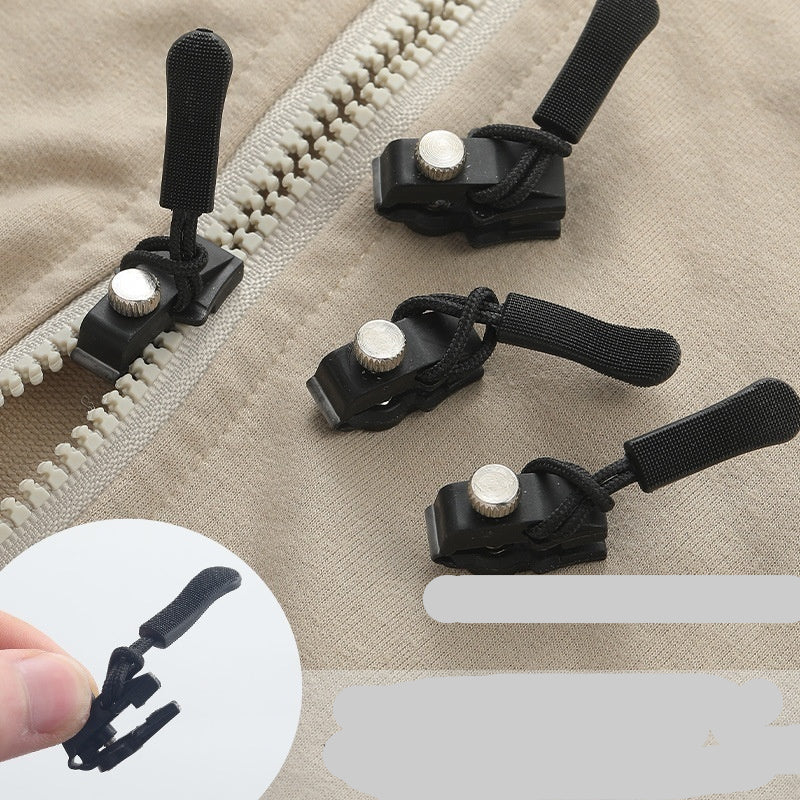 Removable zipper pull attachments on a fabric background with text indicating no sewing required.
