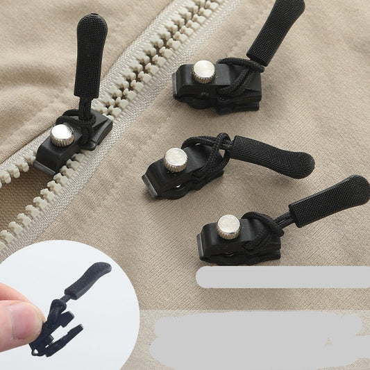 Removable zipper pull attachments on a fabric background with text indicating no sewing required.