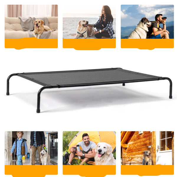 Dog bed with images of dogs in various settings and text labels.