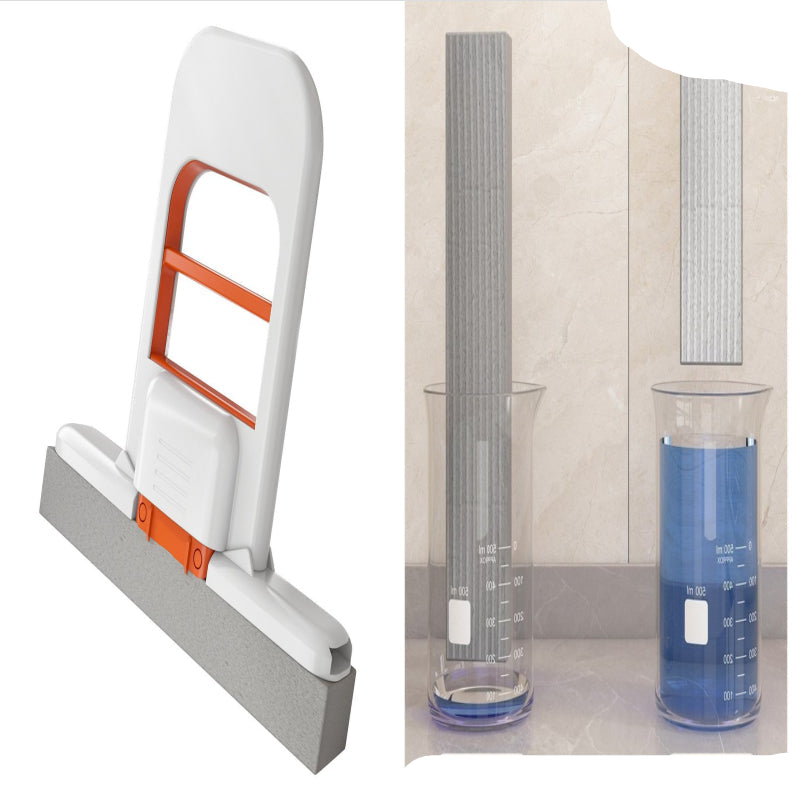 Cleaning tool with squeegee and measuring cups on a white background