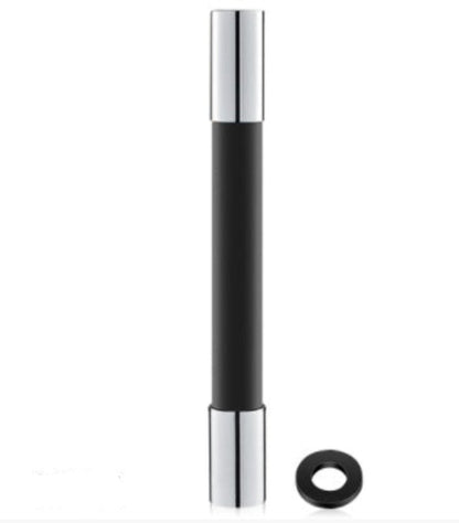 Black and silver cylindrical object with a smaller black ring on a white background