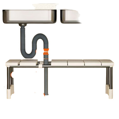 Under-sink storage rack with dimensions and features highlighted