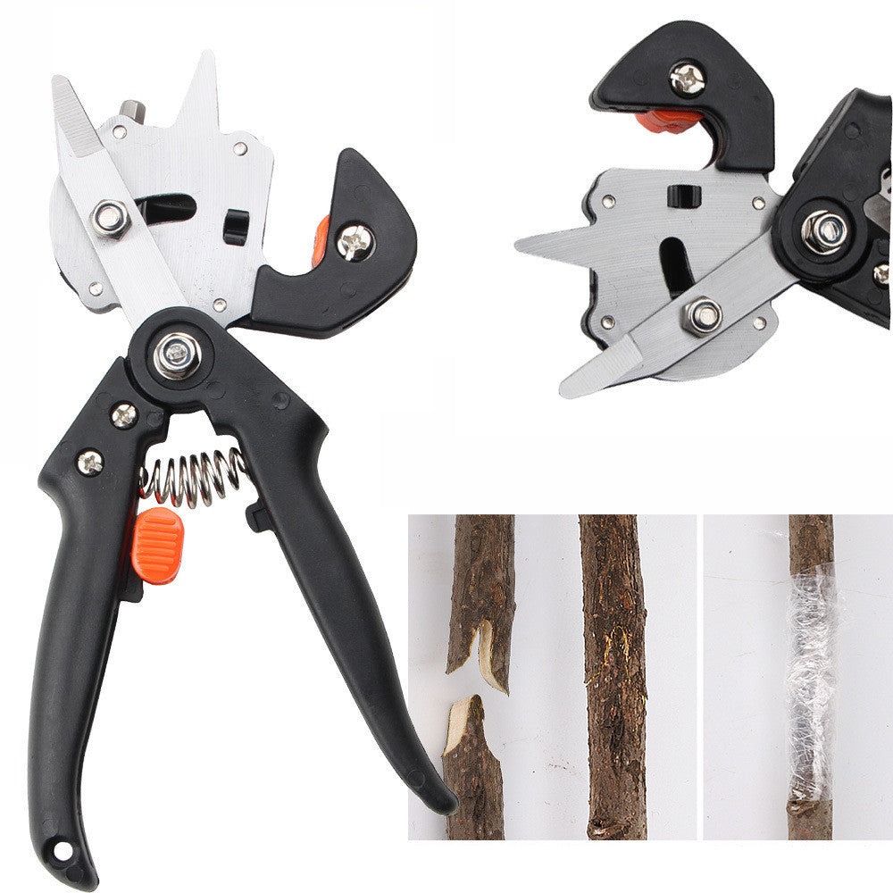 Gardening shears with a close-up of their blades on a white background.