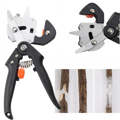 Gardening shears with a close-up of their blades on a white background.