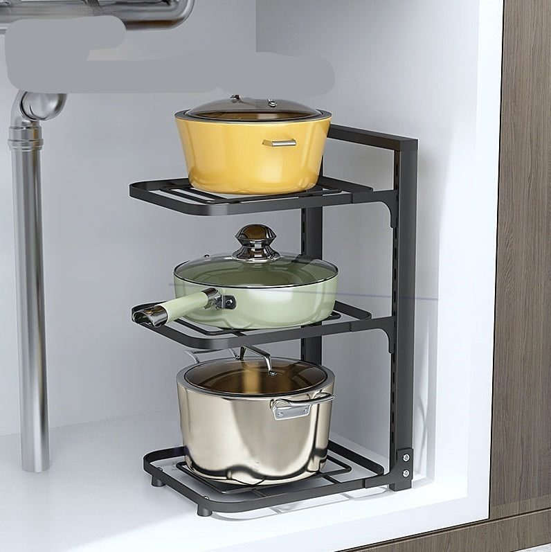 Kitchen storage rack with pots and pans inside, labeled 'open' and 'unlimited access to pots and pans'.