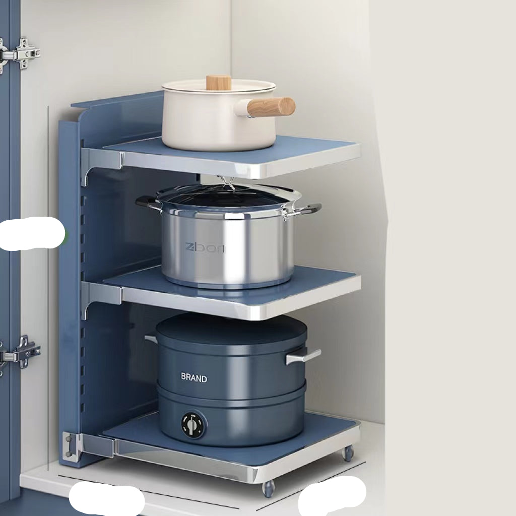 Kitchen storage solution with pots and pans on a blue shelf