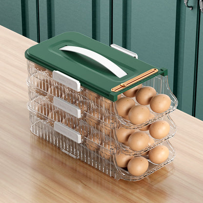 Three-tier egg holder with green lid on a wooden surface