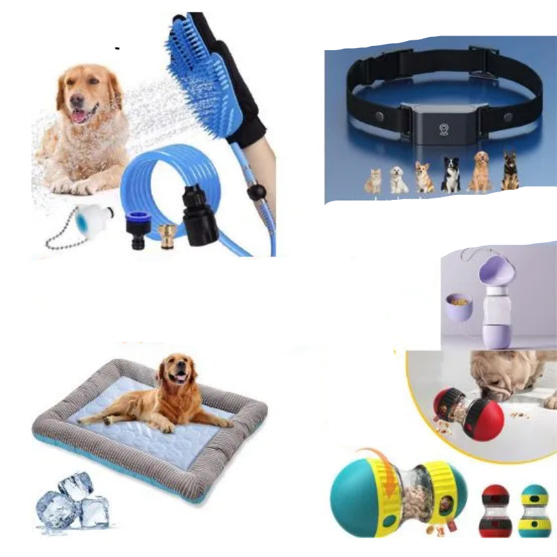 Pet care bundle with various products including a collar, water bottle, and toys on a white background.