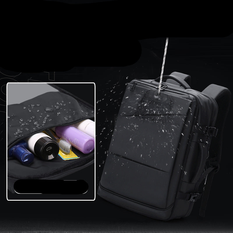 Black backpack with water repellent and stain resistant fabric feature, showing water droplets on the surface.