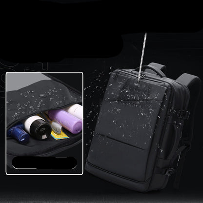 Black backpack with water repellent and stain resistant fabric feature, showing water droplets on the surface.