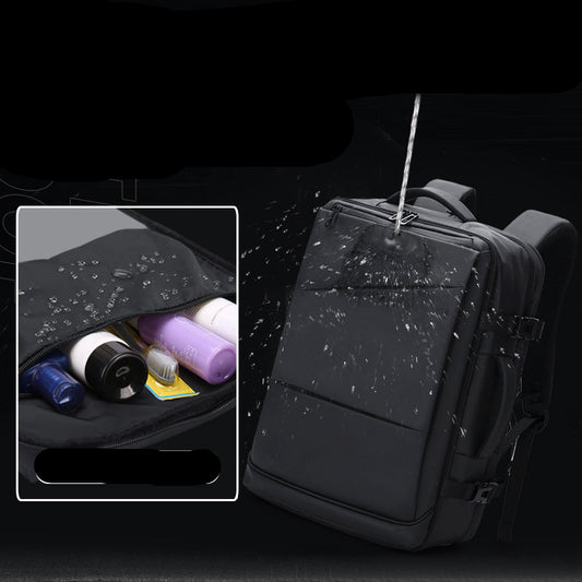 Black backpack with water repellent and stain resistant fabric feature, showing water droplets on the surface.
