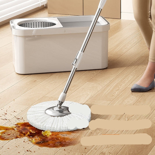 Mop cleaning a wooden floor with text highlighting features