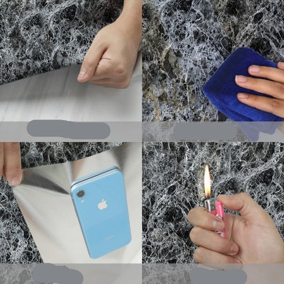 Collage of a person using a blue cloth to clean a surface, with text describing properties like thick material, anti-fouling, strong stickiness, and high temperature resistance.