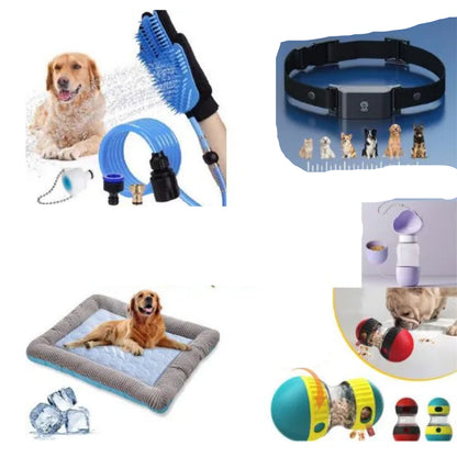 Pet care bundle with various products including a collar, water hose, and toys on a white background.
