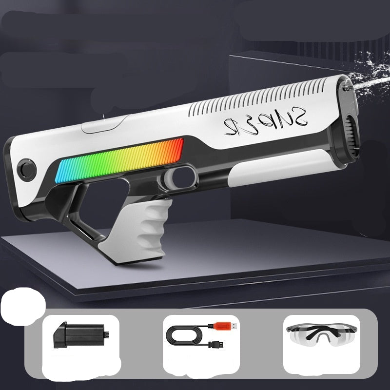 Electric water gun with features and accessories displayed on a dark background