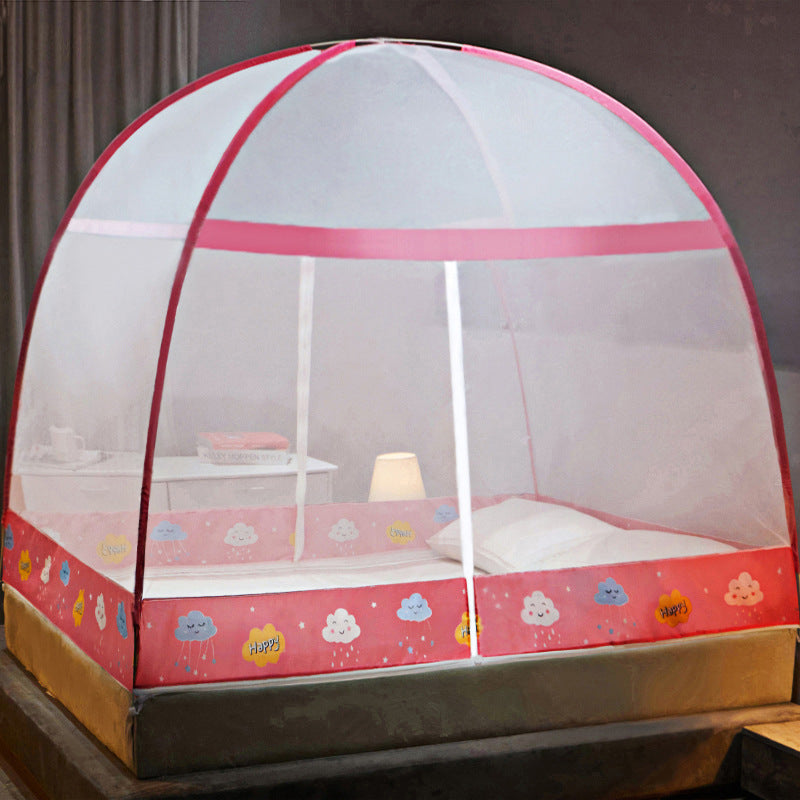 Children's bed with a pink and white canopy in a room setting.