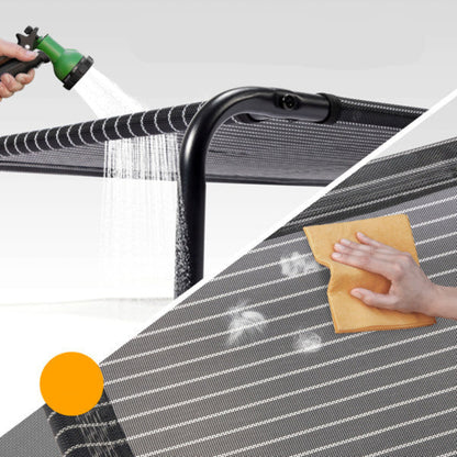 Cleaning a mesh surface with a water spray and cloth, labeled 'Easy to Clean'.