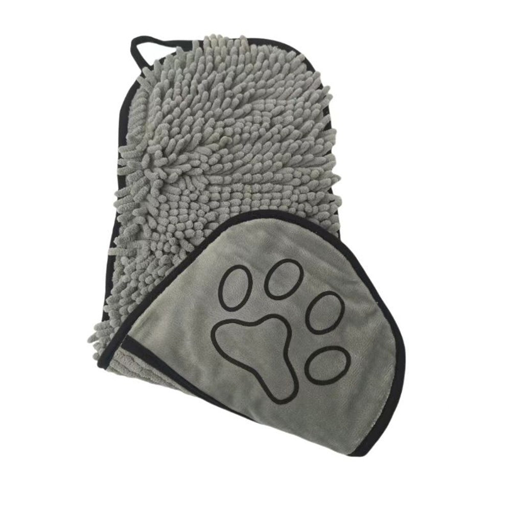Gray microfiber cleaning mitt with a paw print design on a white background