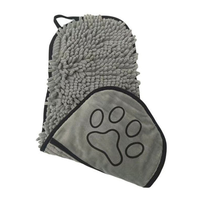 Gray microfiber cleaning mitt with a paw print design on a white background