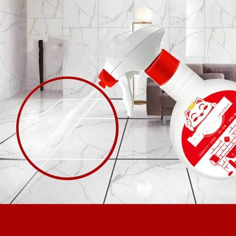 Cleaning spray bottle with red nozzle on a tiled floor