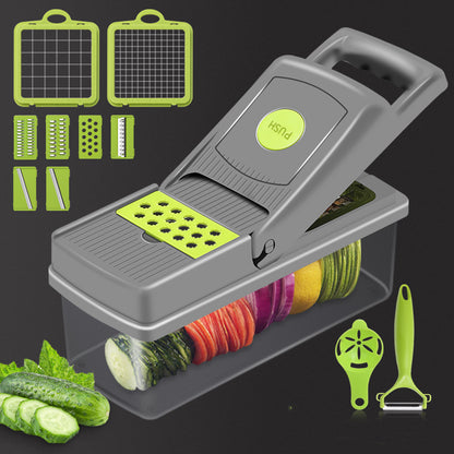 Multifunctional kitchen slicer with various attachments on a black background