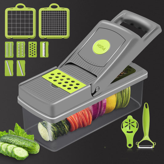 Multifunctional kitchen slicer with various attachments on a black background