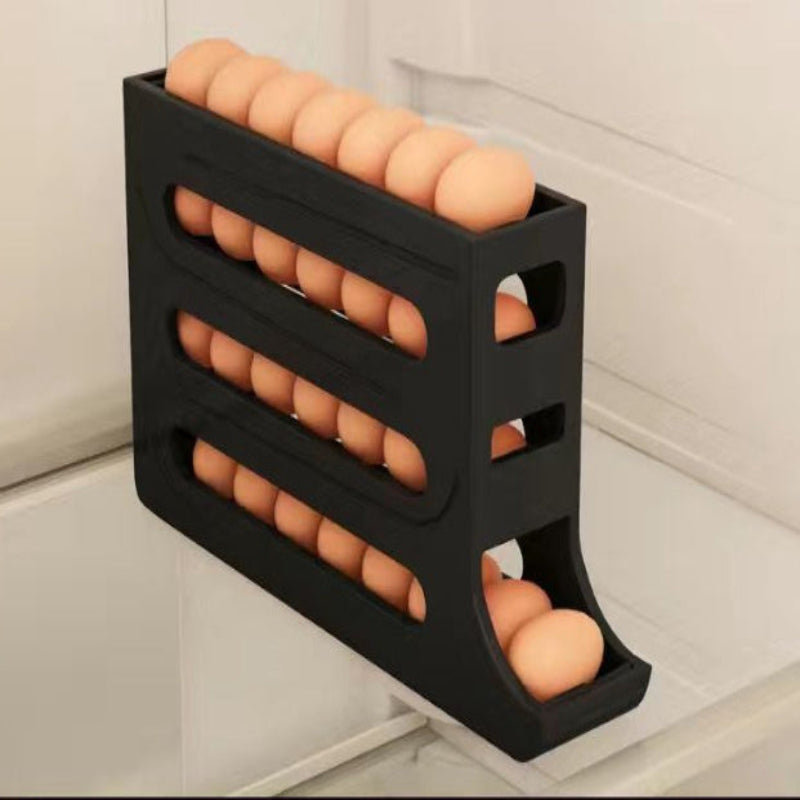 Black egg holder with eggs on a white tiled wall background