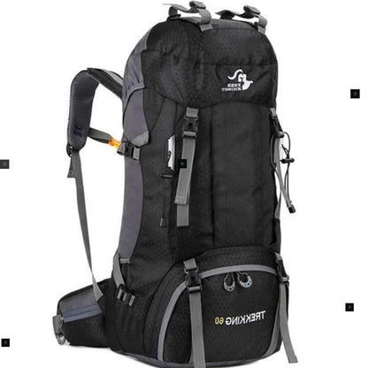 Black and gray hiking backpack with visible branding on a white background