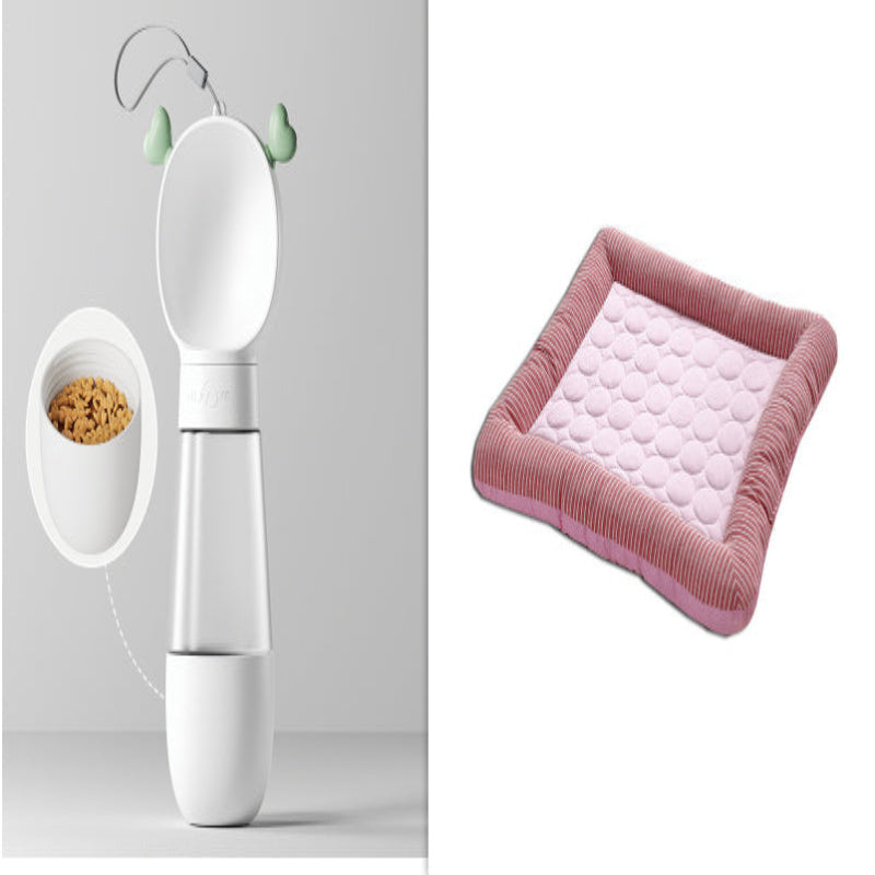 White pet water bottle with a small bowl on a light gray background, next to a pink textured cushion.
