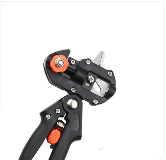 Gardening pruner tool with black handle and orange accents on a white background