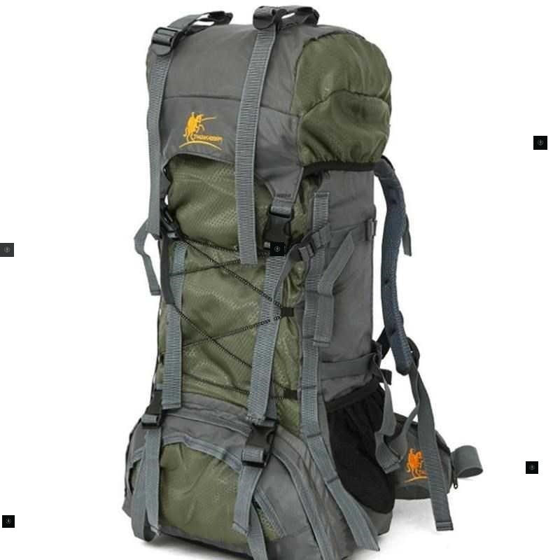 Green and gray backpack with visible brand logo on a white background