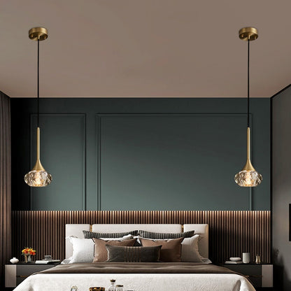 Modern bedroom with a bed, nightstands, and pendant lights.