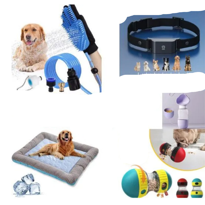 Pet care bundle with various products including a collar, water bottle, and toys on a white background.