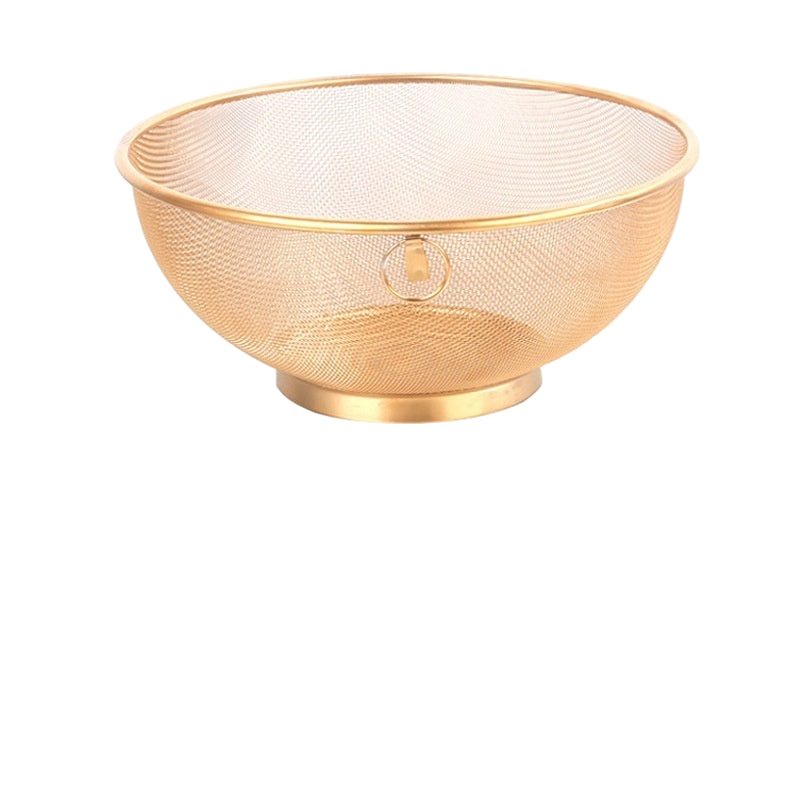 Gold mesh strainer with dimensions and specifications on a white background