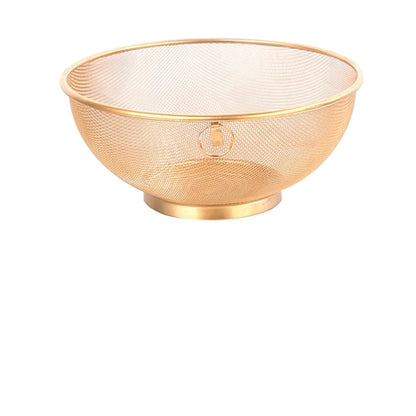 Gold mesh strainer with dimensions and specifications on a white background