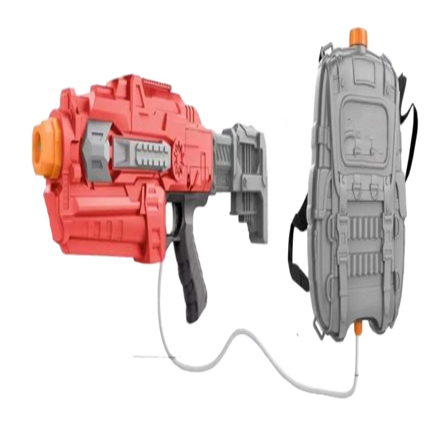 Red and gray toy blaster with measurement details on a white background