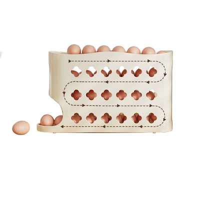 Egg holder with eggs on a kitchen counter, promoting freshness.