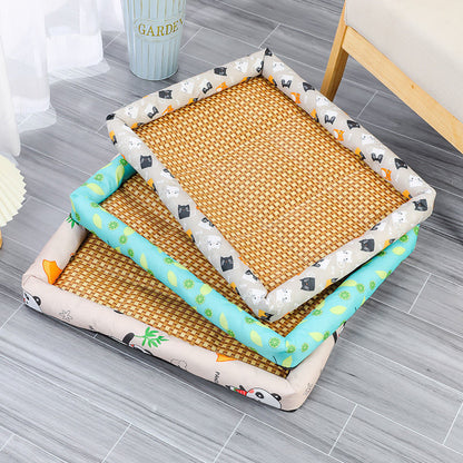Woven pet bed with cartoon border on a gray floor