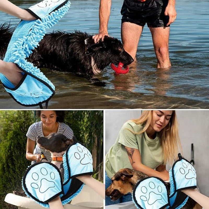 Dog being dried with a towel, playing with a ball, and wearing paw-shaped slippers.
