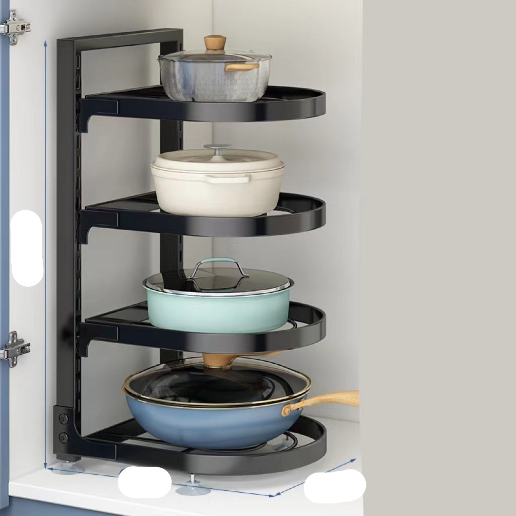 Corner pot rack with pots and pans inside a kitchen cabinet
