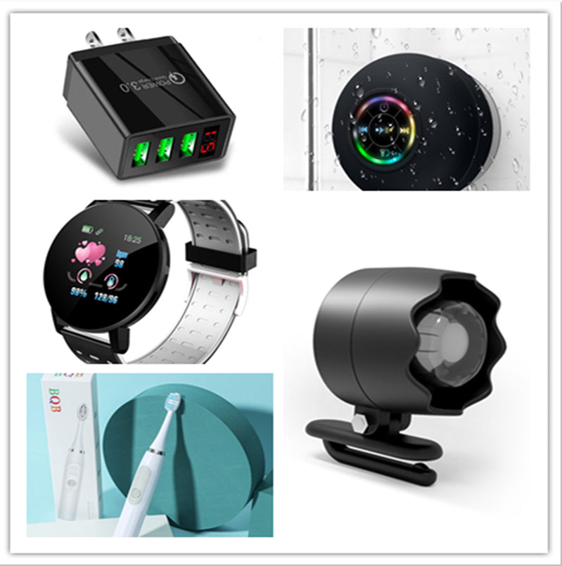 Collage of various electronic products including a charger, smartwatch, and camera lens.