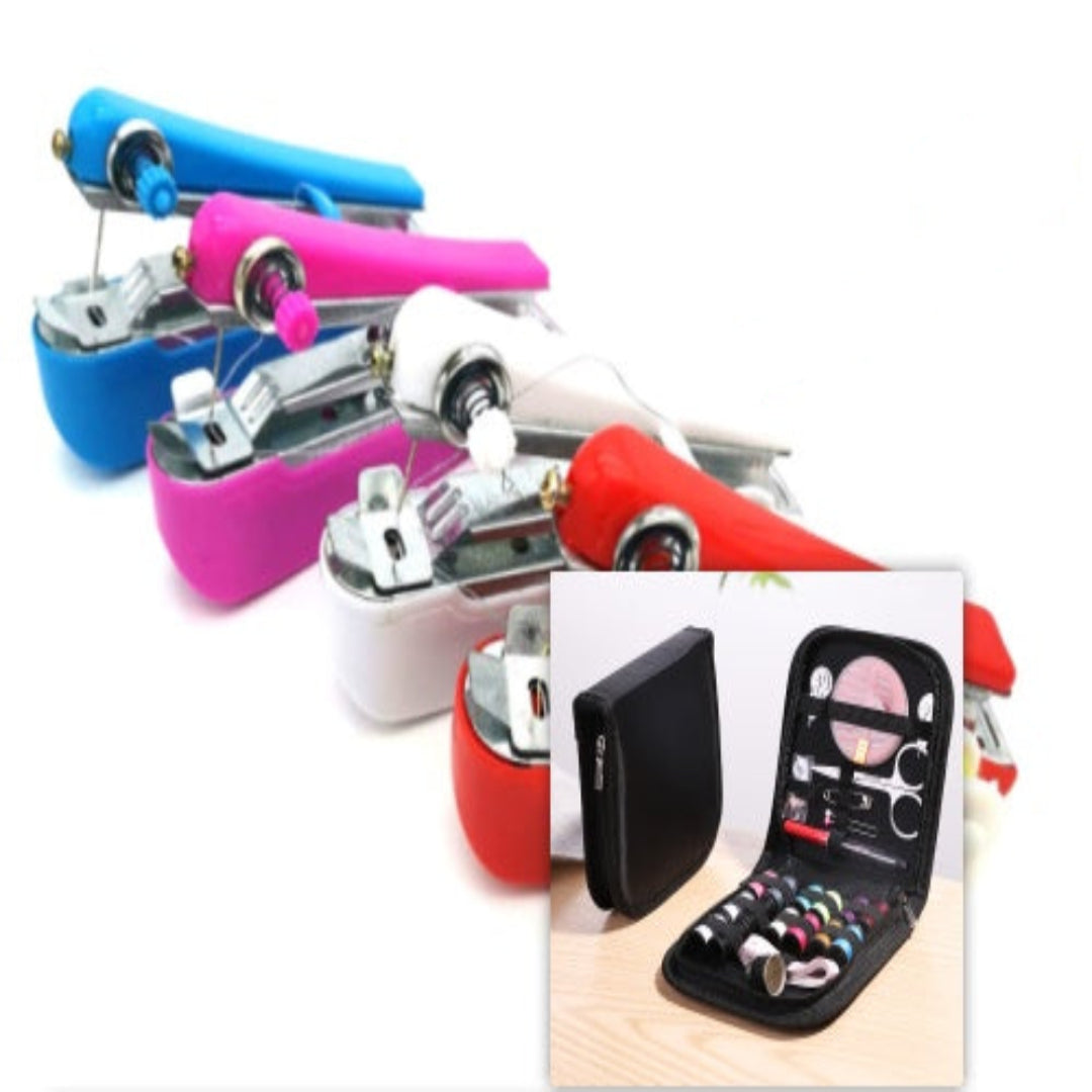 Colorful sewing machine attachments on a white background with an inset showing a black sewing kit.