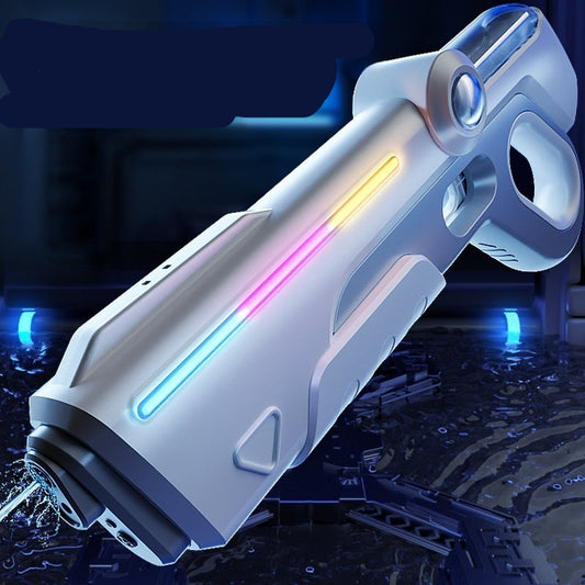 Electric pulse water gun with colorful lights on a dark background