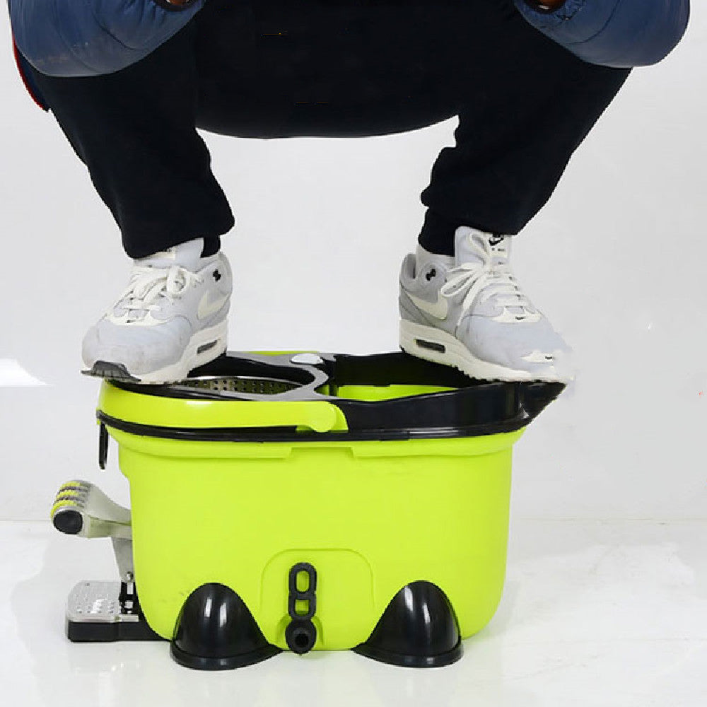 Person using a step machine with a bright green platform on a white background