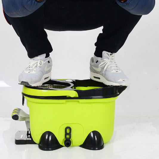 Person using a step machine with a bright green platform on a white background
