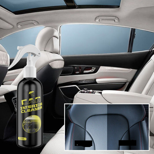 Car interior cleaner spray bottle with before and after effect on car seats.