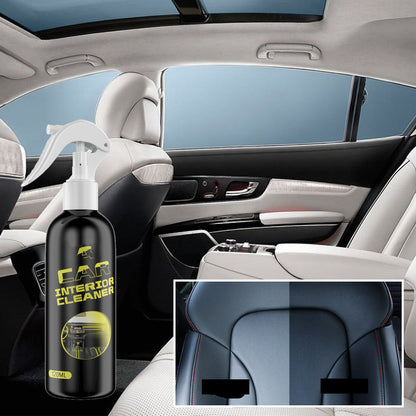 Car interior cleaner spray bottle with before and after effect on car seats.