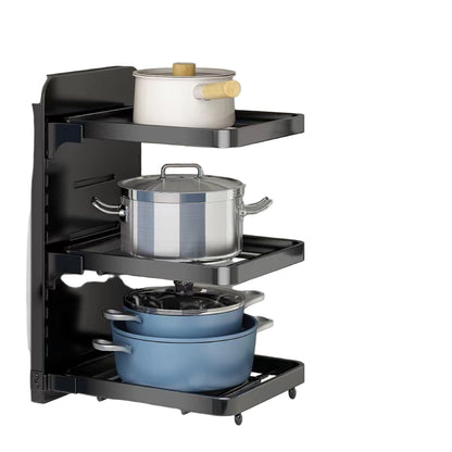 Corner cabinet organizer with pots and pans inside, showing dimensions.