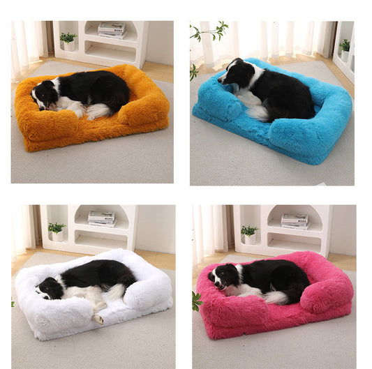 Dog lying on a colorful pet bed in four different colors.