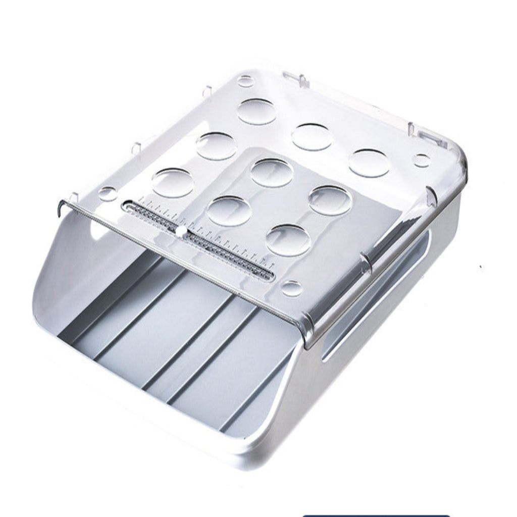 Metallic kitchen tool with measurement details on a white background